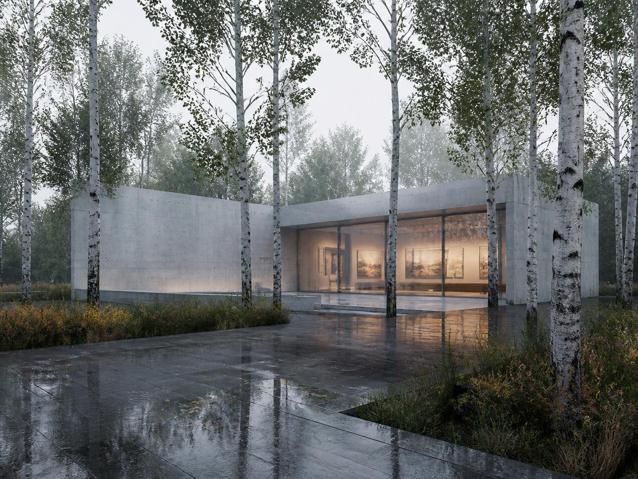 Concrete and glass gallery pavilion in a birch grove under overcast rain, wet paving reflecting warm interior light