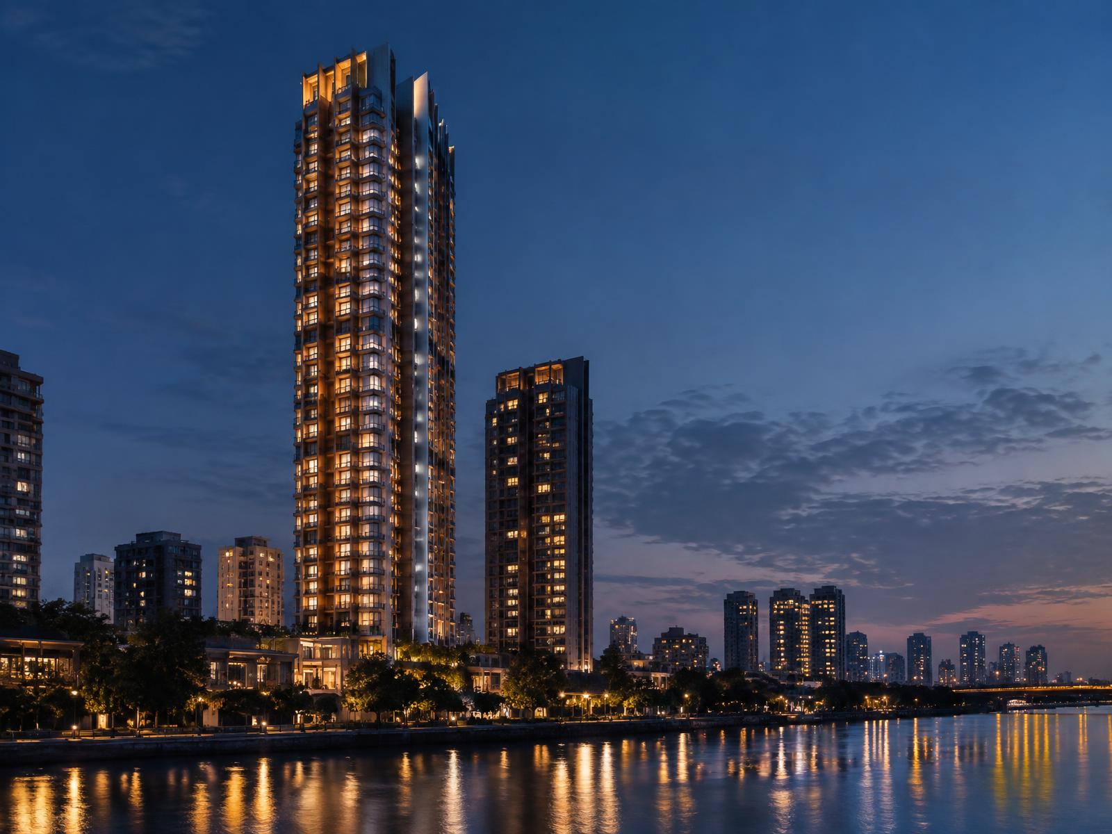 Slender high rise residential tower in warm dusk light beside a reflective river, rendered in Corona 12