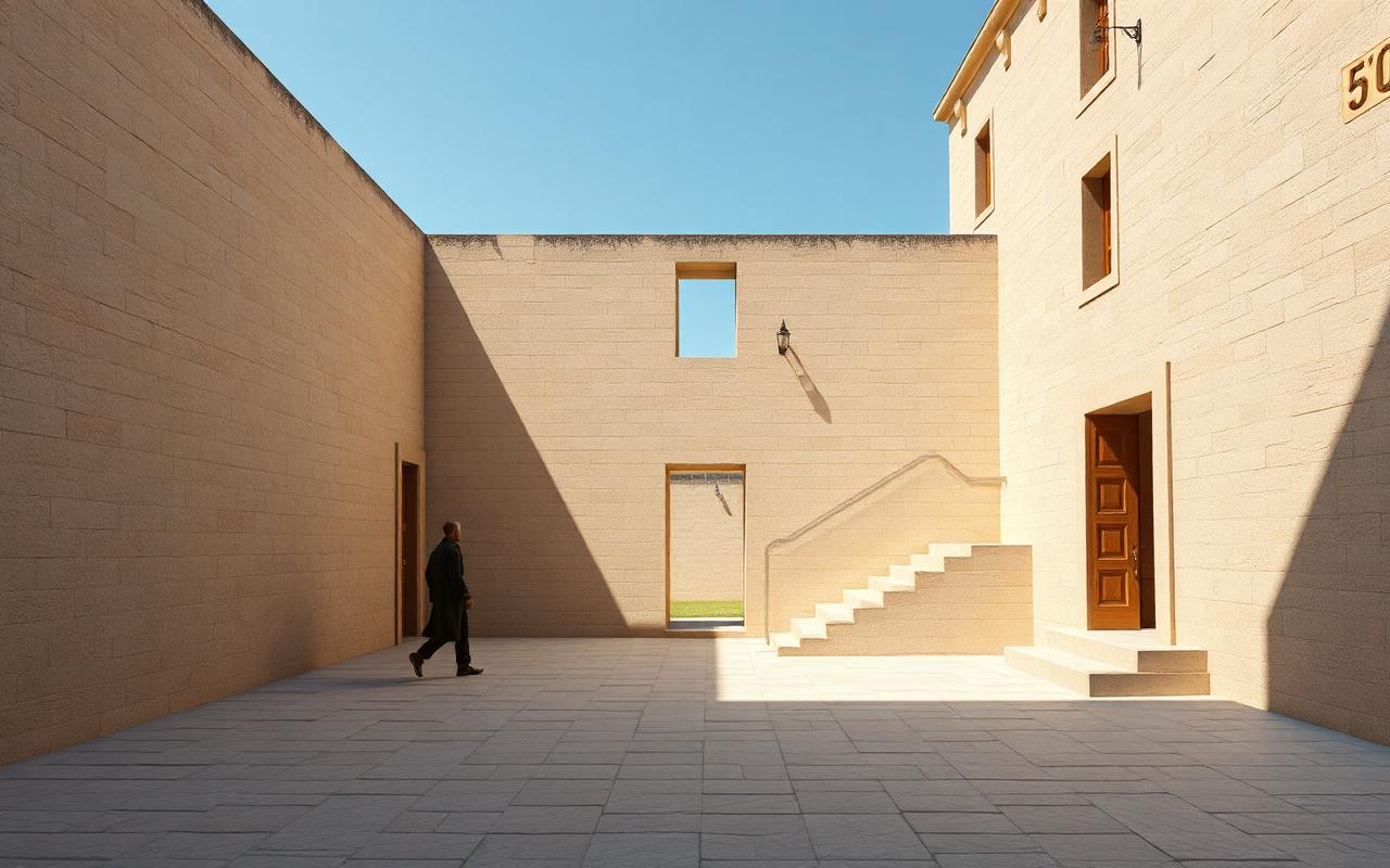 Sun bleached limestone courtyard at midday with hard raking shadows across a stone bench, rendered in V-Ray 7