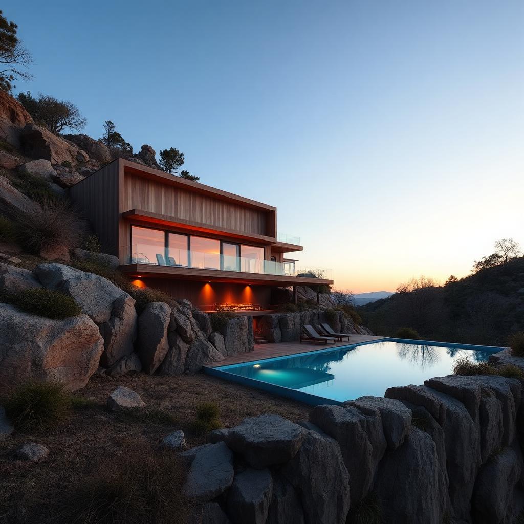 Cantilevered hillside villa at dusk with warm interior light and infinity pool below, featured render breakdown in Corona 12